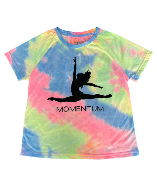Momentum Tie-dye t-shirt. Youth size. Fun colors: blue, pink, green and yellow.