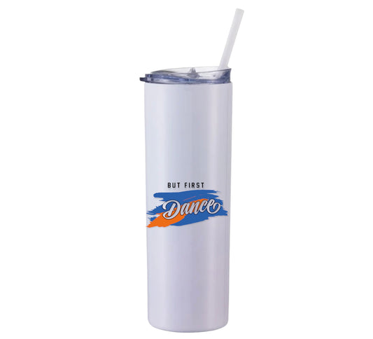 "But First Dance" thermo is perfect for a dancer! Stay hydrated in and outside the dance studio. BPA free 20oz stainless steel thermo with slide top lid and plastic reusable straw.