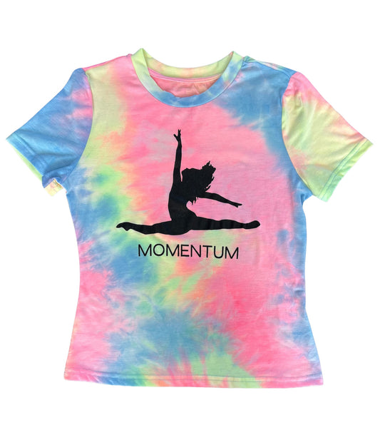 Momentum Tie-dye women fitted t-shirt. Fun colors: blue, pink, yellow, green.